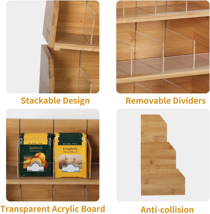 TIOPGHAD 3 Layer Stackable Bamboo Tea Bag Organizer Storage Holder for Tea Bags Wood Tea Box Containers Tea Rack Teabag Station Stand for Cabinet Countertop Office(Patented Design)