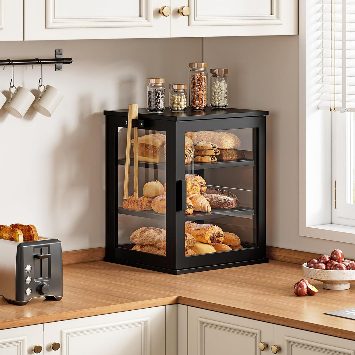 WOWLIVE Black Bread Box for Kitchen Countertop, Large 3 Layers Bread Storage Container for Homemade Bread with Window, Farmhouse Breadbox Organizer for Kitchen, Cabinet, Pantry (Black, Meduim)
