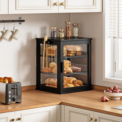 WOWLIVE Black Bread Box for Kitchen Countertop, Large 3 Layers Bread Storage Container for Homemade Bread with Window, Farmhouse Breadbox Organizer for Kitchen, Cabinet, Pantry (Black, Meduim)