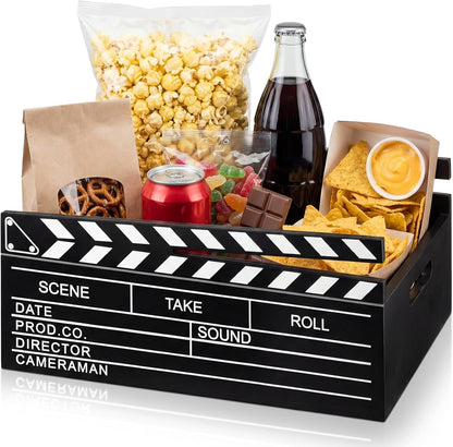 Movie Night Supplies Snack Trays with Handles Reusable Wooden Movie Gift Basket for Theater Popcorn Bucket Bowl Box Container Family Room Decor(Classic Style)