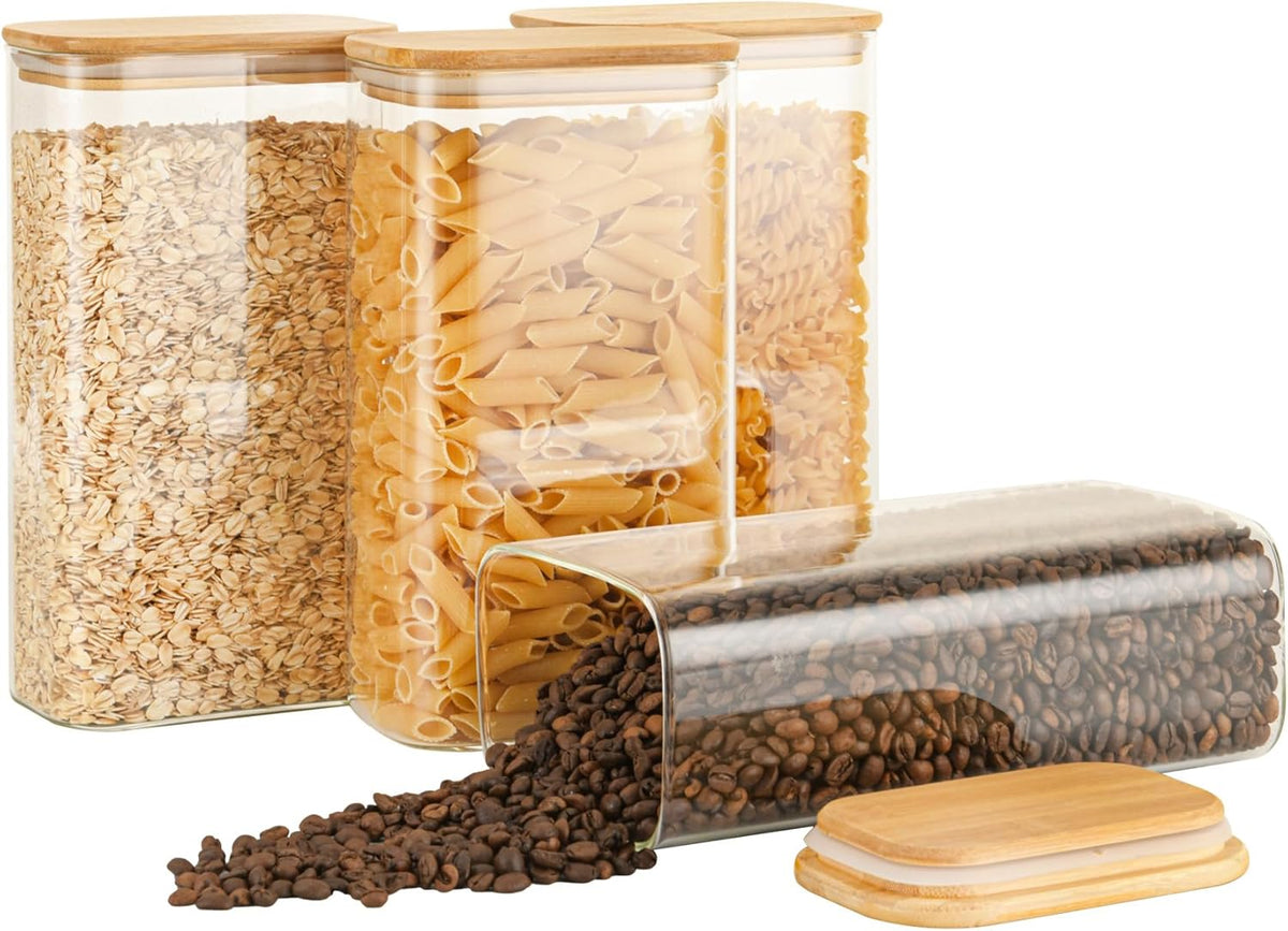 D2scrma 37oz Rectangle Airtight Glass Storage Containers with Bamboo Lids (Set of 6), Square Food Storage Jar, Pantry Organizers for Cereal, Nuts, Snacks and Coffee beans (‎with Black Lable)