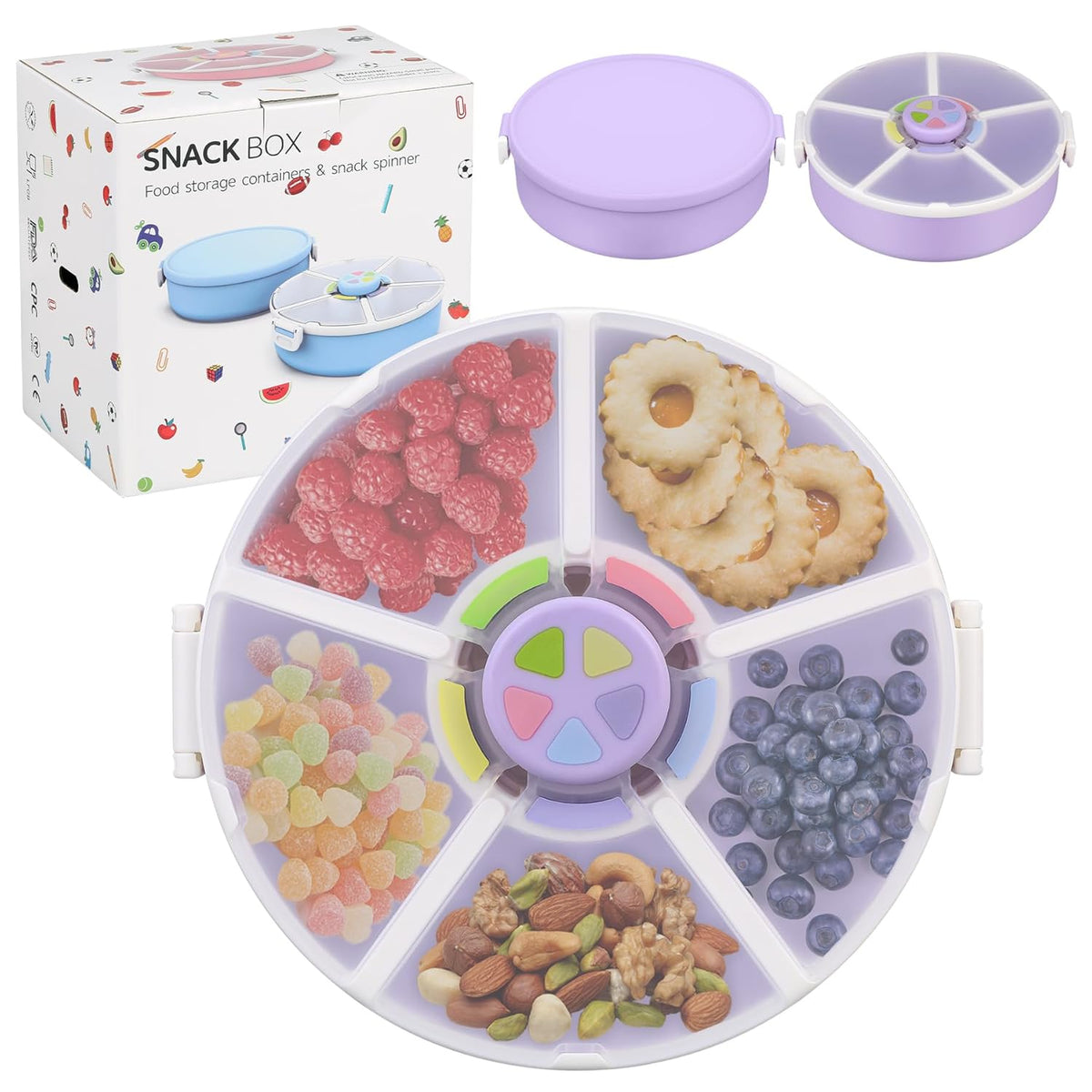 Pawtong Snack Rotator Container Reusable Snack Box with 5 Compartment Dispenser and Lid, Color Matching Opening Lid, BPA and PVC Free, for Home, School, Travel (Purple)