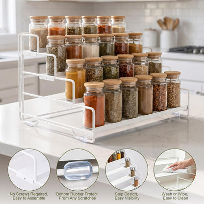 Spice Rack Organizer for Cabinet, Tiered Adjustable Spice Shelf Organization, Metal Seasoning Rack for Kitchen Countertop Cupboard Pantry, Raised Edge Anti-Slip Design for Jars and Bottles