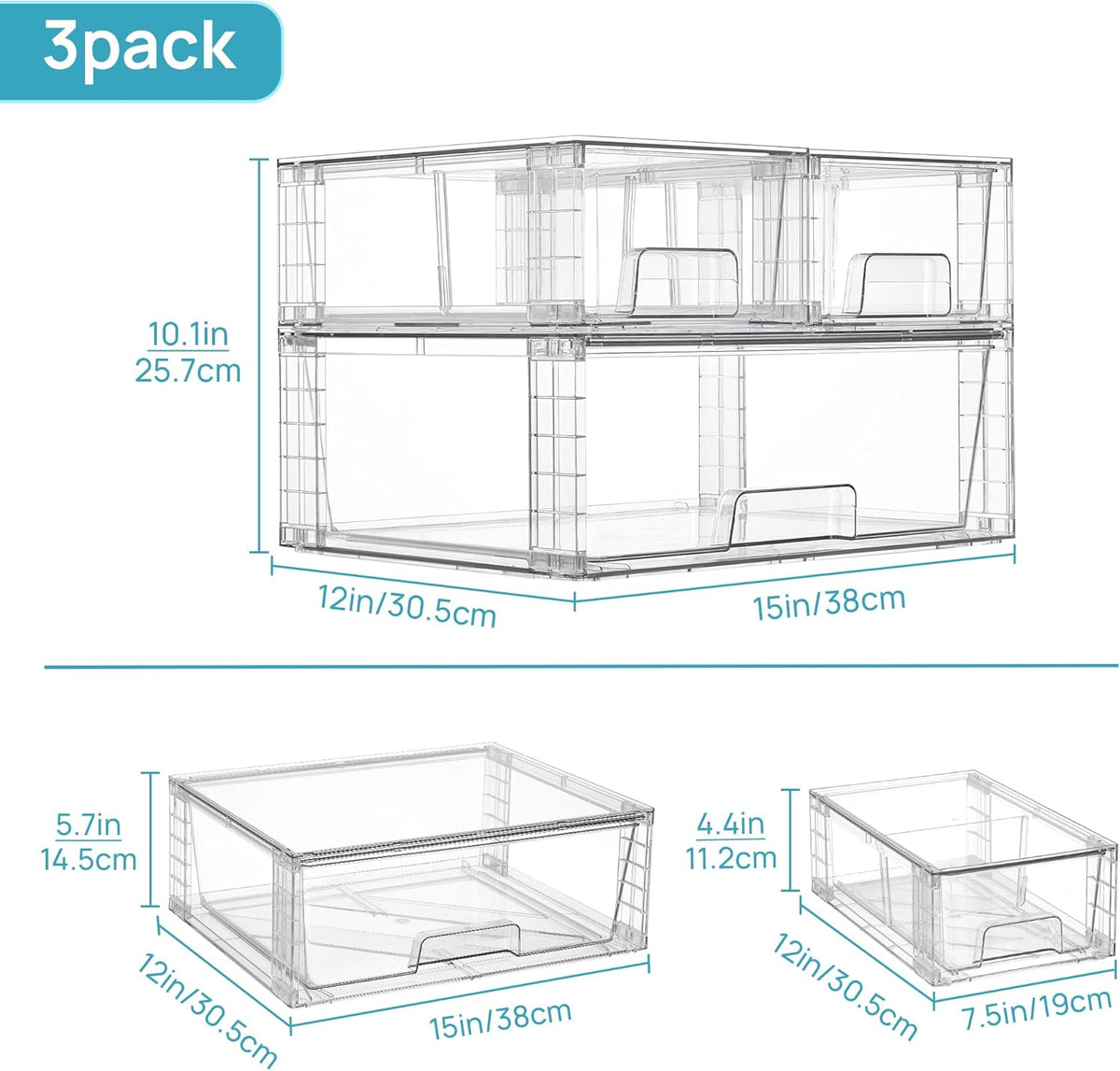 Vtopmart 3 Pack Clear Stackable Storage Drawers,Easy to Assemble Bathroom Organizers and Storage with handles,Plastic Drawers for Kitchen Pantry,Cabinet,Under Sink Organization