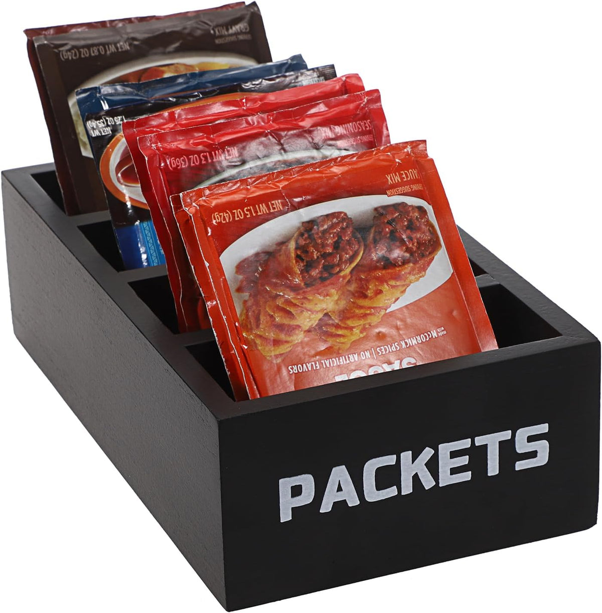 BSTKEY Seasoning Packet Organizer, Food Packet Storage Organizer with 4 Compartments, Wooden Storage Caddy for Kitchen Pantry Cabinet, Farmhouse Kitchen Organization Bin for Snacks Spice Packets