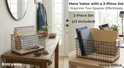 Wire Storage Baskets with Solid Wood Handles, Set of 2 – Metal Organizer Basket with MDF Base for Kitchen Countertop, Bathroom, Pantry, Entryway, Office | 12.8” x 6.25” | Black