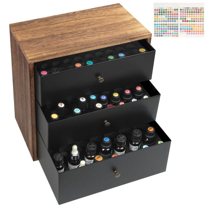 J JACKCUBE DESIGN Essential Oil Storage Box, Holds up to 124 Bottles 5-30 ml Standard and Roller Bottles, 3 Tier Metal & Wooden Drawer Case Organizer Display Container- MK584A