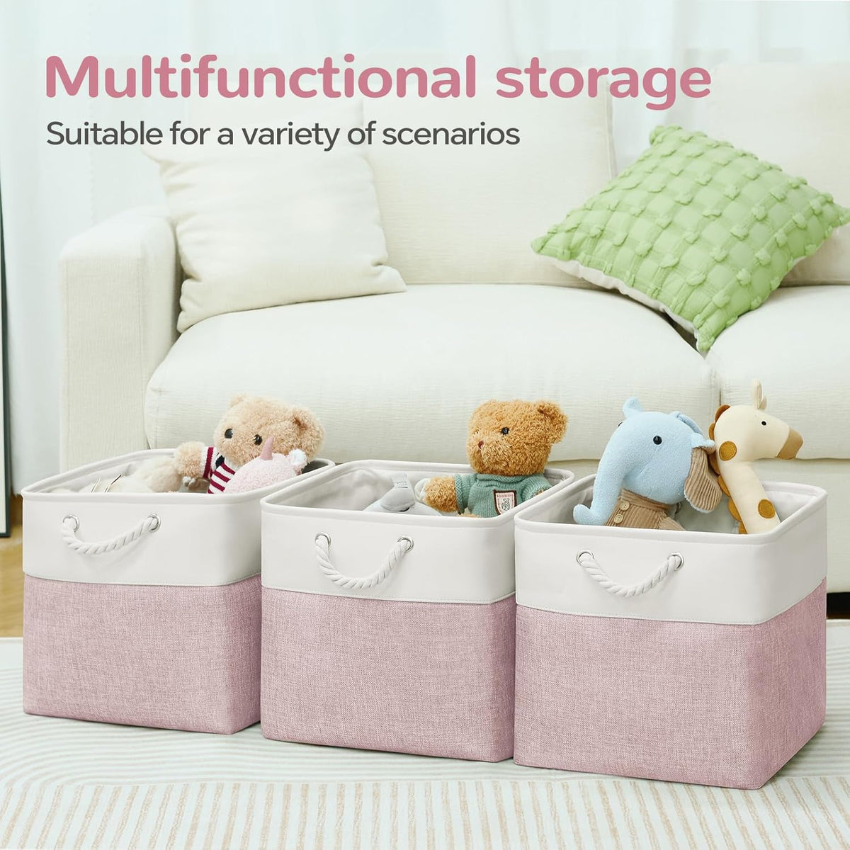 Large Storage Baskets- 15.7x11.8x8.26 inch Storage Bins for Shelves and Closet Organizing, Foldable Fabric Bin for Home Organization Clothes and Laundry (3-Pack, White&Khaki)
