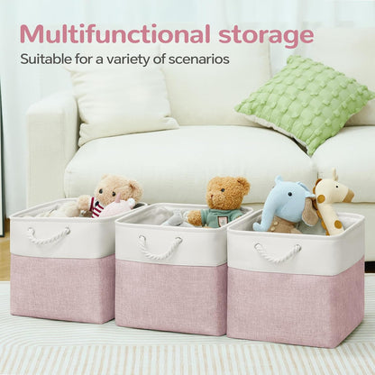 Large Storage Baskets- 15.7x11.8x8.26 inch Storage Bins for Shelves and Closet Organizing, Foldable Fabric Bin for Home Organization Clothes and Laundry (3-Pack, White&Khaki)