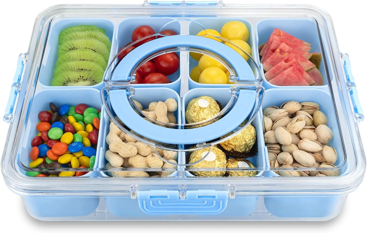 Divided Serving Tray with Lid and Handle,8 Compartments Snacks Box,Snack Fruit Tray,Veggie Tray,Portable Platter for Candy Fruits Nuts Snack Party Entertaining Picnic
