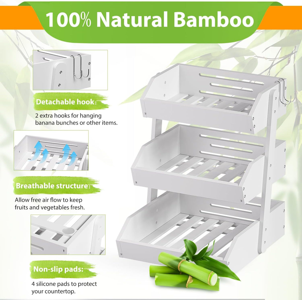 Gmtsl Bamboo Fruit Basket for Kitchen – 3 Tier Fruit Bowl For Kitchen Counter, Large Fruit Holder With 2 Banana Hangers, Idea For Fruit and Vegetable Storage, Bread Basket, Snack Organizer(BLACK)