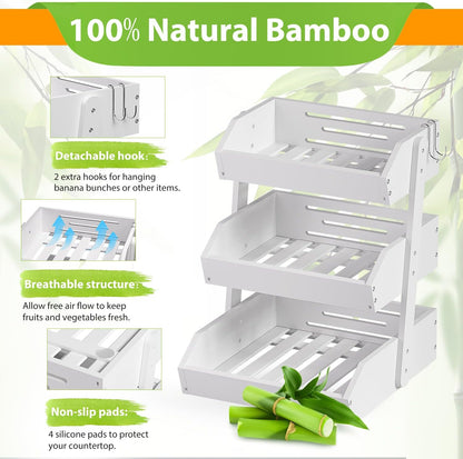 Gmtsl Bamboo Fruit Basket for Kitchen – 3 Tier Fruit Bowl For Kitchen Counter, Large Fruit Holder With 2 Banana Hangers, Idea For Fruit and Vegetable Storage, Bread Basket, Snack Organizer(BLACK)