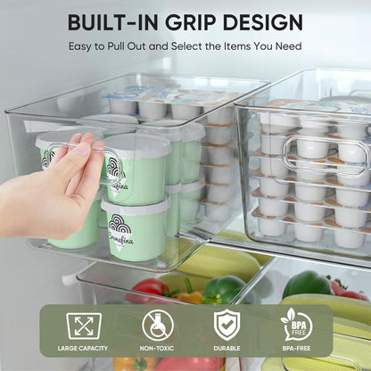 BALEINE Clear Plastic Storage Bins with 3 Removable Dividers, Pantry Organization, BPA Free Stackable Refrigerator Organizers and Storage for Kitchen Fridge Cabinet Bathroom (10.5x6.1x3.5, 4PK)