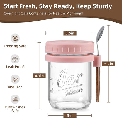 4 Pack Overnight Oats Containers with Lids and Spoons, 16 oz Glass Mason Jars with Airtight Lids, Overnight Oats Jars for Milk, Cereal, Fruit
