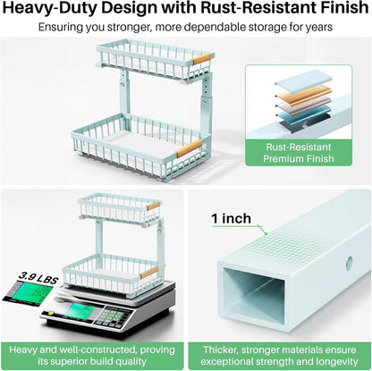 Kitstorack Under Sink Organizer, 2 Tier Under the Sink Storage, Slide out Pull out Cabinet Organizer Shelf, Metal Sliding Drawer for Kitchen Bathroom Pantry Closet Organization Rack, Black