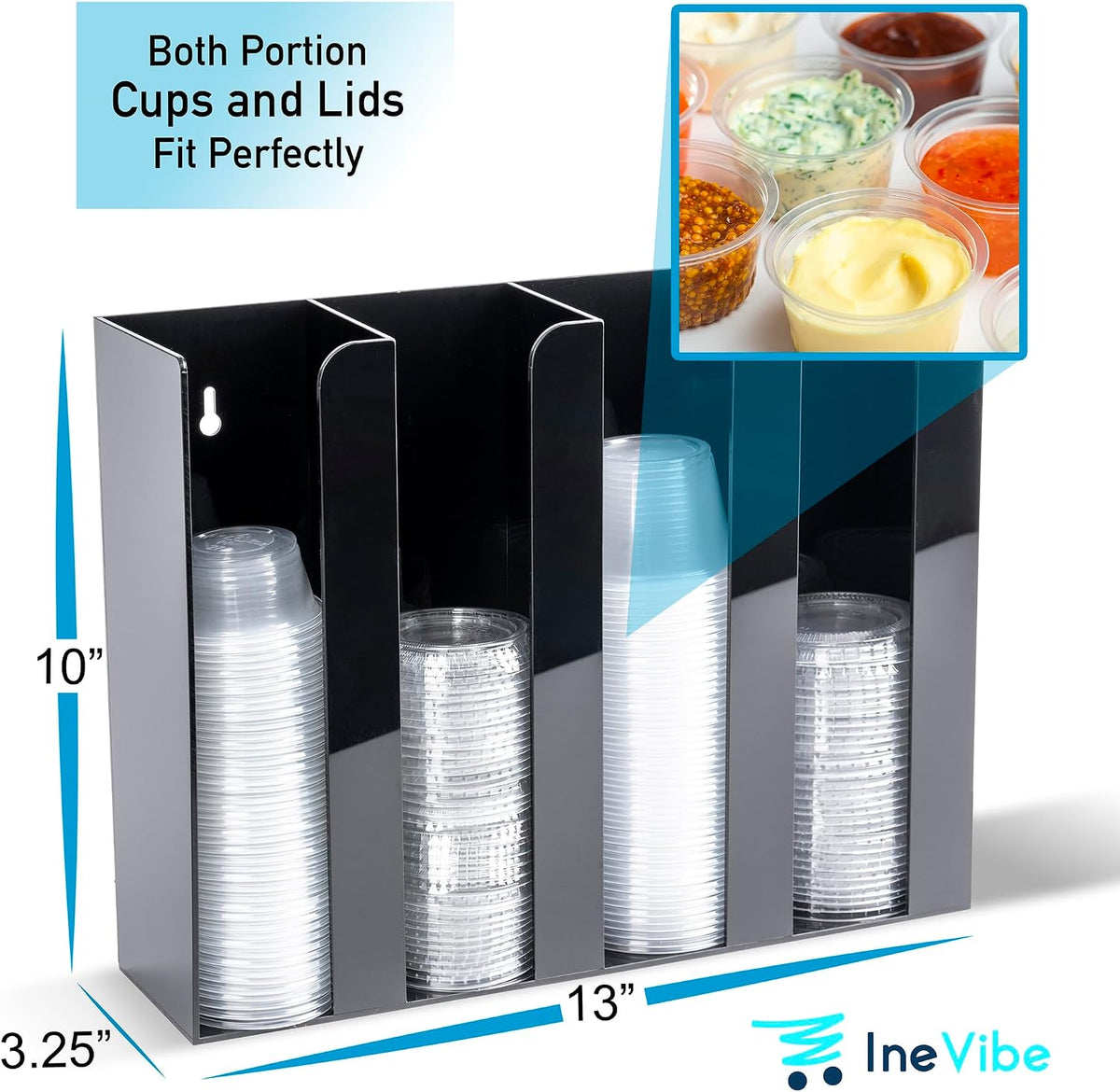 Inevibe Portion Cup and Lid Holder - 4 Compartment Acrylic Organizer for Condiment & Sauce Cups, Fits Cups 2 oz to 5.5 oz in Size, Use Dispenser on Countertop or Wall Mount