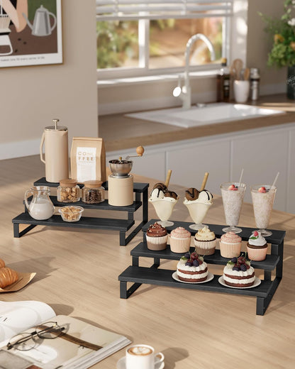 SONGMICS Display Risers, Set of 2 Engineered Wood Perfume Organizer Stand, 4-Tier Cupcake Stand Holder, Spice Rack, Shelf Risers for Figures, Dessert Shelves, Natural Beige and Cloud White UKCS216N02