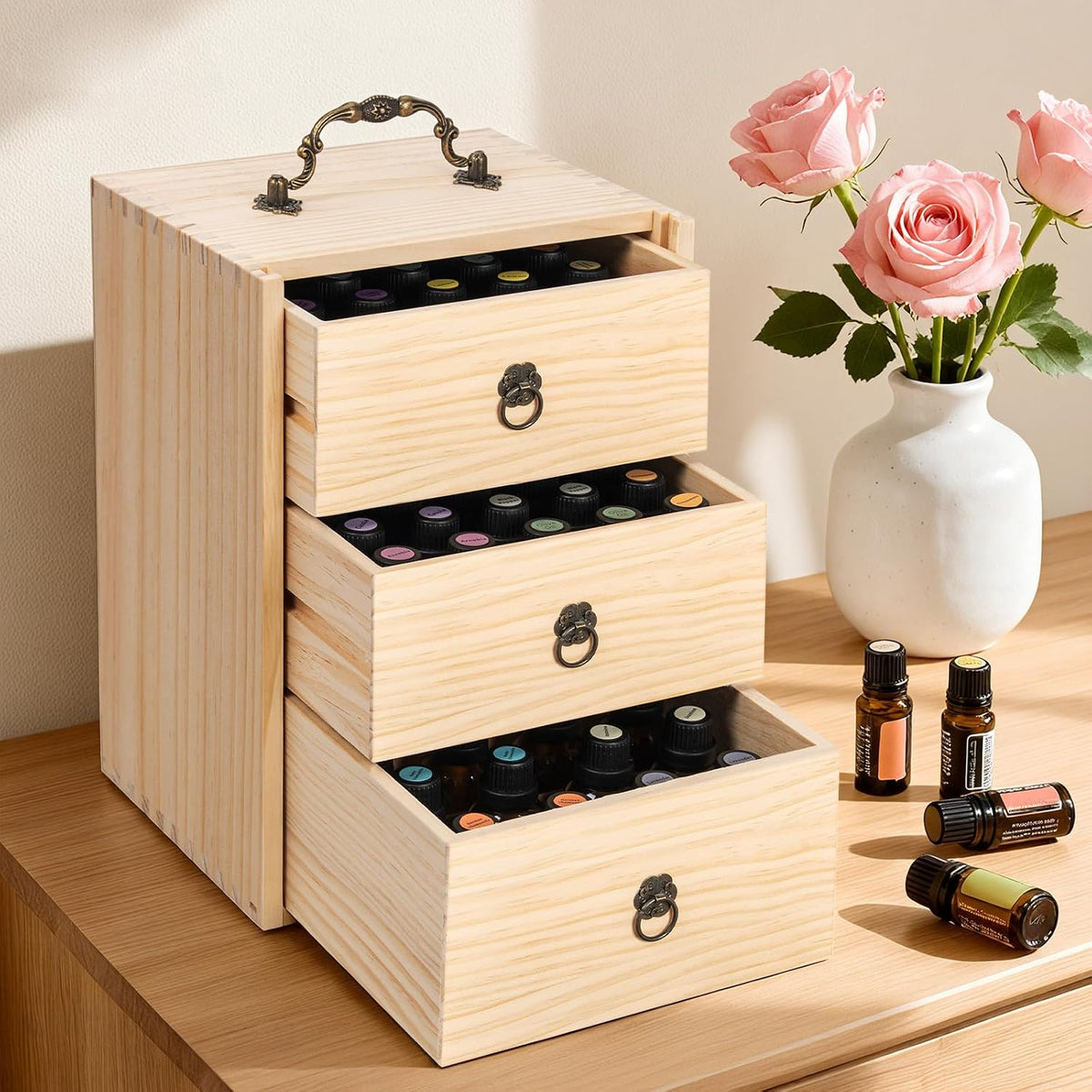TORIBIO Essential Oil Storage Box for 60 Bottles, Wooden Essential Oils Holder Organizer Holds 5-30ml for Young Living & Doterra Bottles