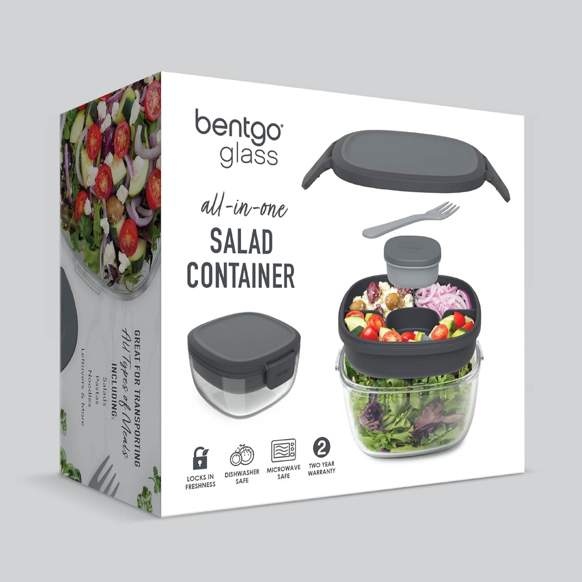 Bentgo Glass Prints Salad Container - 7.6-Cup Tinted Glass Salad Bowl with Airtight Lid, Leak-Proof Sauce Container, 4-Compartment Bento Meal Prep Tray & Reusable Fork (Floral Maximalist - Sea)