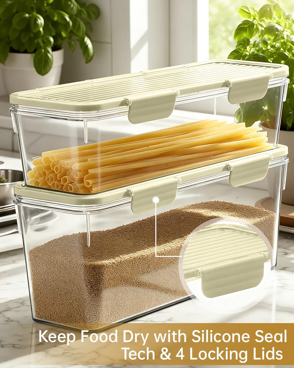 EORTA Set of 2 Spaghetti Pasta Storage Container with Lid, (3.6L/2.8L) Clear Kitchen Pantry Organizer for Noodles, Flour & Dry Food, Plastic Canisters Keeper Box with Black Cover, Size M/L (Black)
