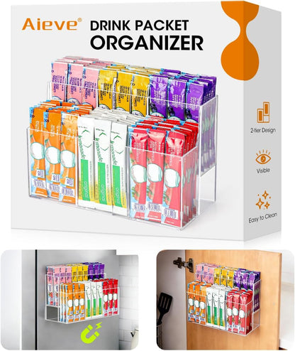 AIEVE Magnetic Drink Packet Organizer, 2-Tier Fridge Organizer Cabinet Door Holder, Acrylic Water Packet Holder for Kitchen Fridge Organizers and Storage (Magnetic & Adhesive)