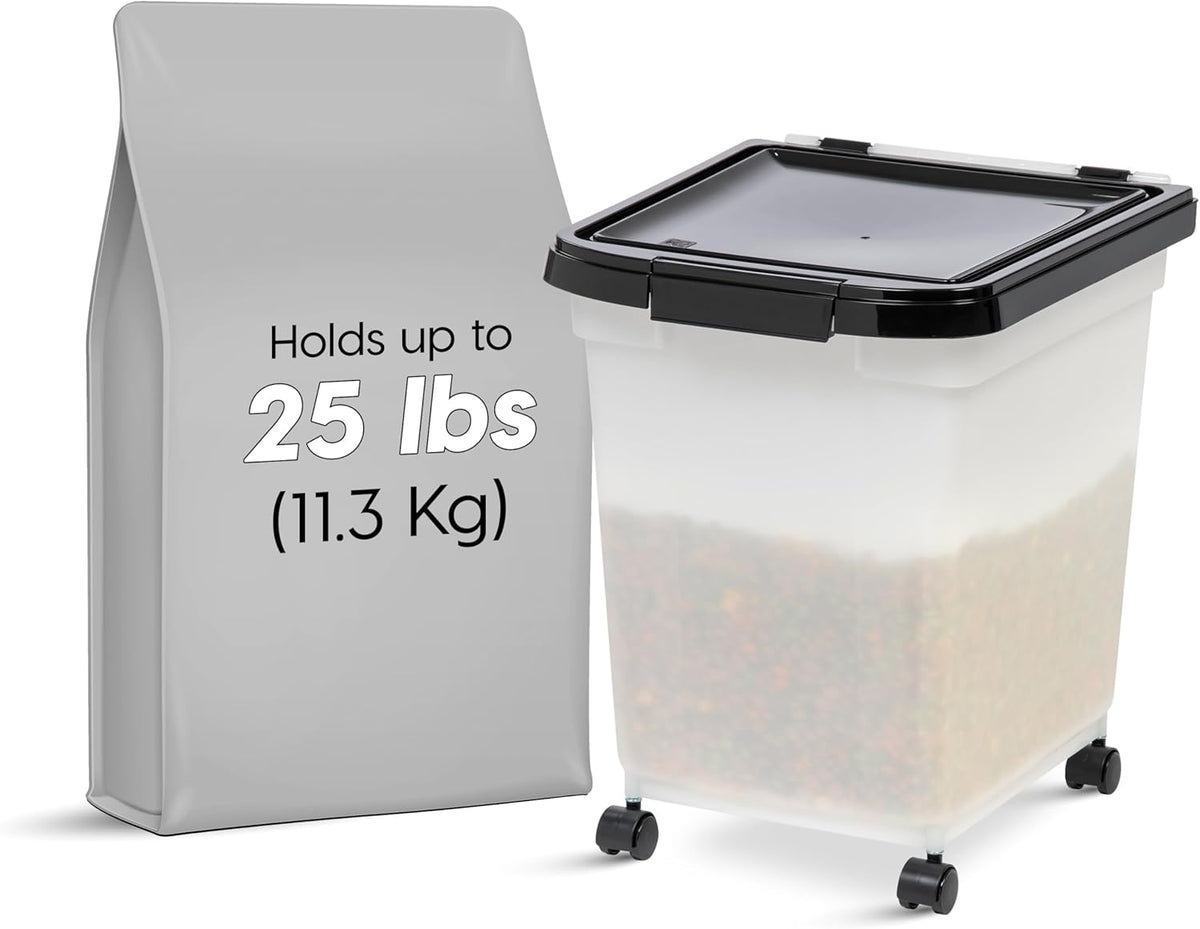 IRIS USA Airtight Dog Food Storage Container, WeatherPro, Up to 50 lbs, Removable Wheels, for Dog Cat Bird and Other Pet Food Storage Bin, Keep Fresh, Translucent Body, Made in USA, Clear/Gray