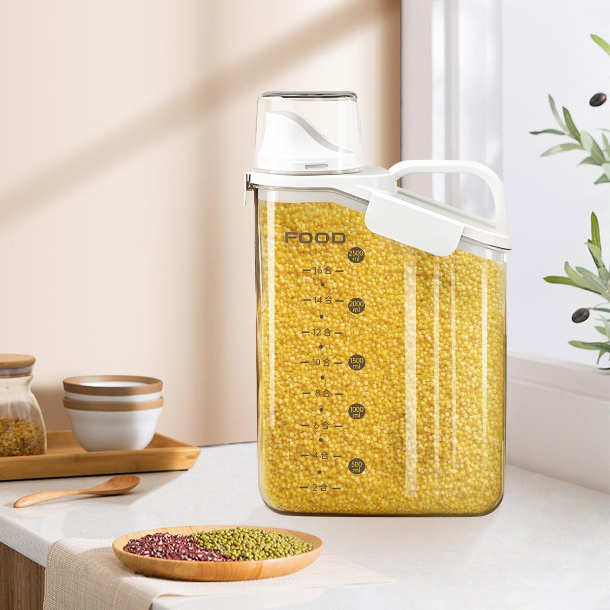 LANGMINGDE Cereal Containers Storage, 2.8L/95oz Airtight Large Dry Food Storage Containers with Pouring Spout Measuring Cup for Snacks Grain Rice,BPA Free Dispenser Plastic Bin