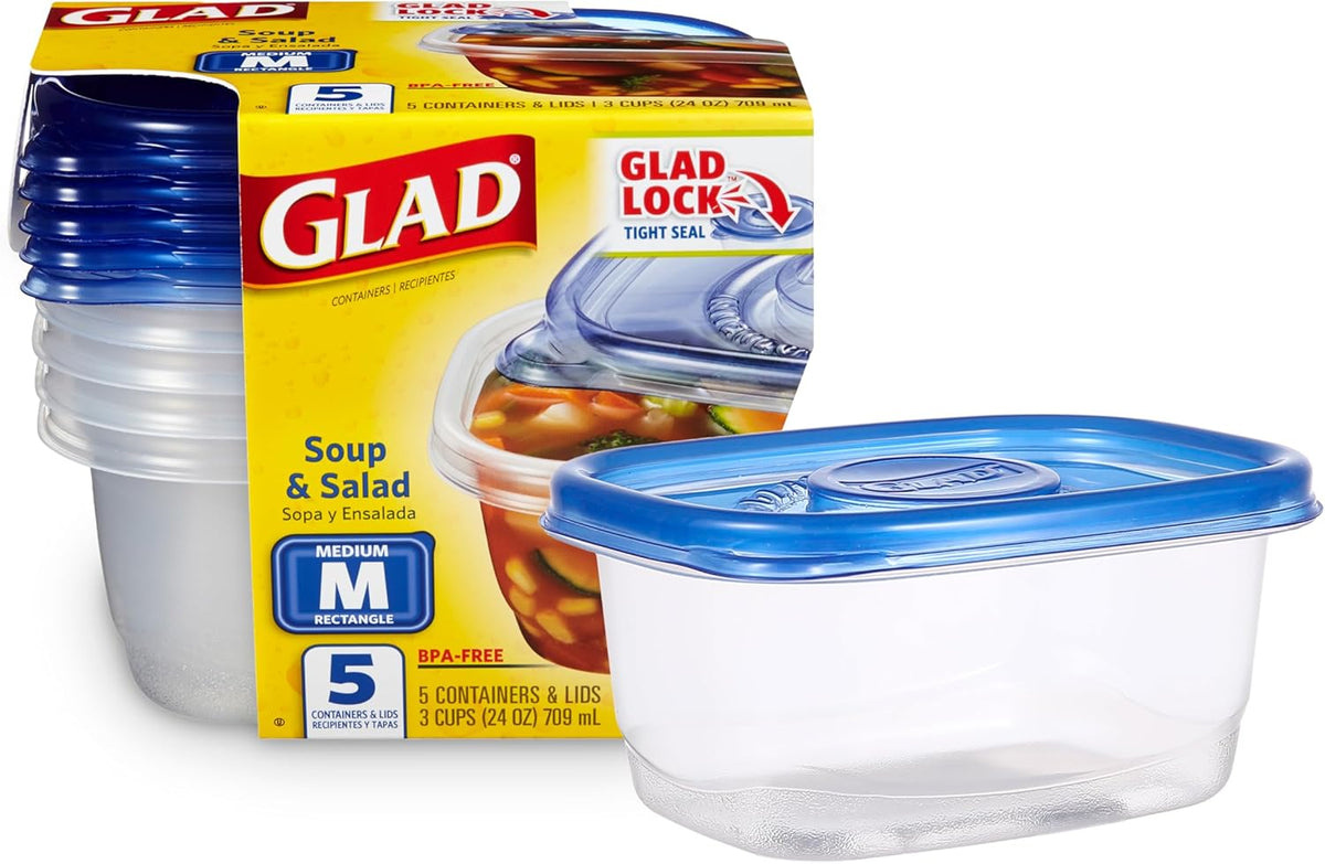 Glad GladWare XL Square Food Storage Containers with Lock Tight Lids, BPA-Free Family Size Plastic Containers for Leftovers, Meal Prep, and Freezer Storage, Dishwasher Safe, 104 Oz