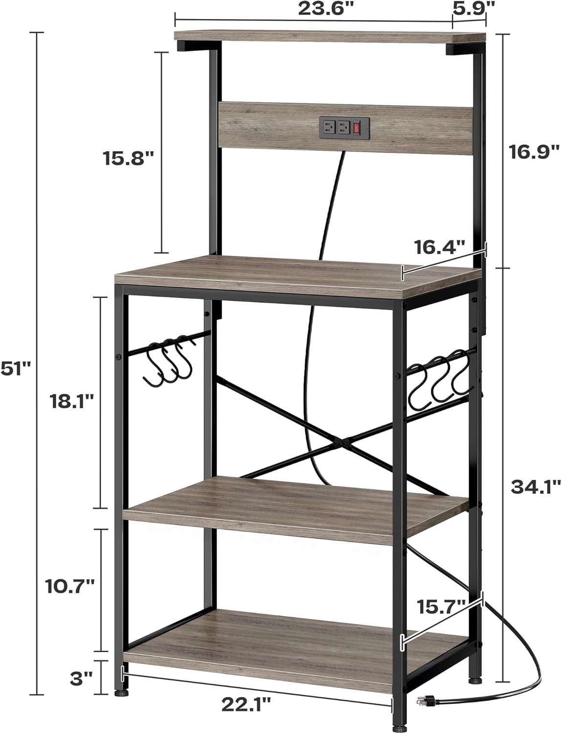 SUPERJARE Kitchen Bakers Rack with Power Outlet, Coffee Bar Table 4 Tiers, Kitchen Microwave Stand with 6 S-shaped Hooks, Storage Shelf Rack for Spices, Pots and Pans - Rustic Brown