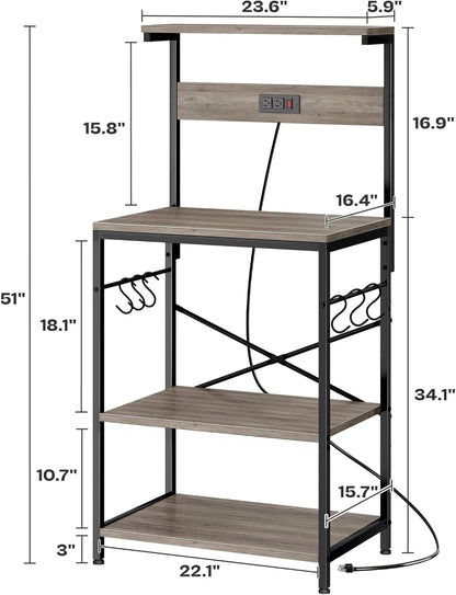 SUPERJARE Kitchen Bakers Rack with Power Outlet, Coffee Bar Table 4 Tiers, Kitchen Microwave Stand with 6 S-shaped Hooks, Storage Shelf Rack for Spices, Pots and Pans - Rustic Brown