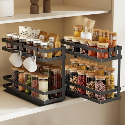Magheo Pull Out Spice Rack Organizer for Cabinet, Metal Seasoning Organizer Slide Out Spice Storage Shelf No Assembly Vertical Spice Rack Pullout for Kitchen & Bahthroom No Drill(2 Tier,Black)