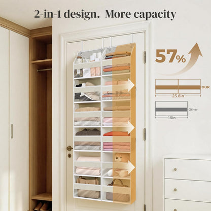 5 Tiers Over the Door Organizer with 10 Mesh Side Pockets, 44 lbs Weight Capacity Closet Hanging Storage Organizer with Large Clear Window Kids Toys, Shoes, Diapers, Beige