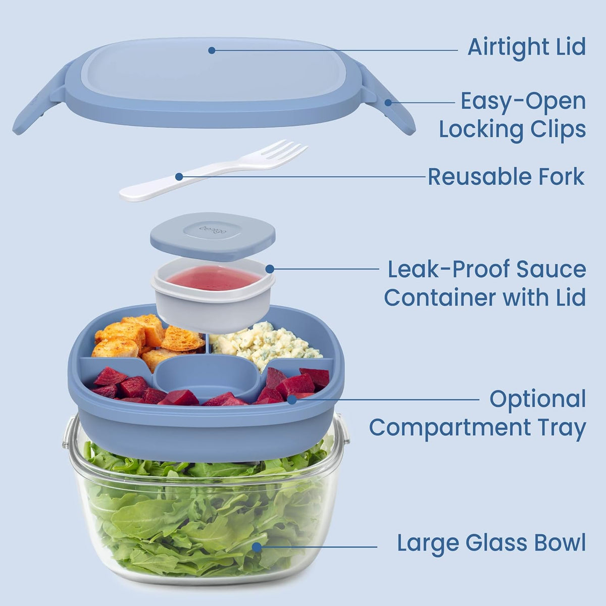 Bentgo Glass Prints Salad Container - 7.6-Cup Tinted Glass Salad Bowl with Airtight Lid, Leak-Proof Sauce Container, 4-Compartment Bento Meal Prep Tray & Reusable Fork (Floral Maximalist - Sea)
