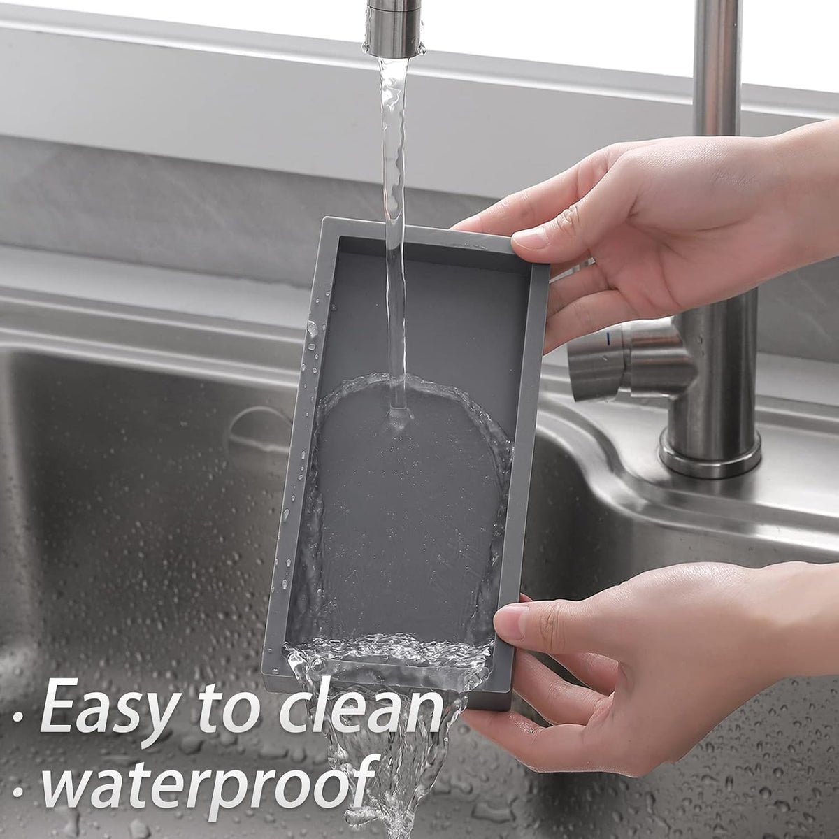 Small Silicone Bathroom Vanity Tray Rectangle Soap and Sponge Holder Kitchen Sink Organizer for Scrubber, Lotion Bottles, Perfume, Jewelry, Candle, Key Trinket Ring, Black