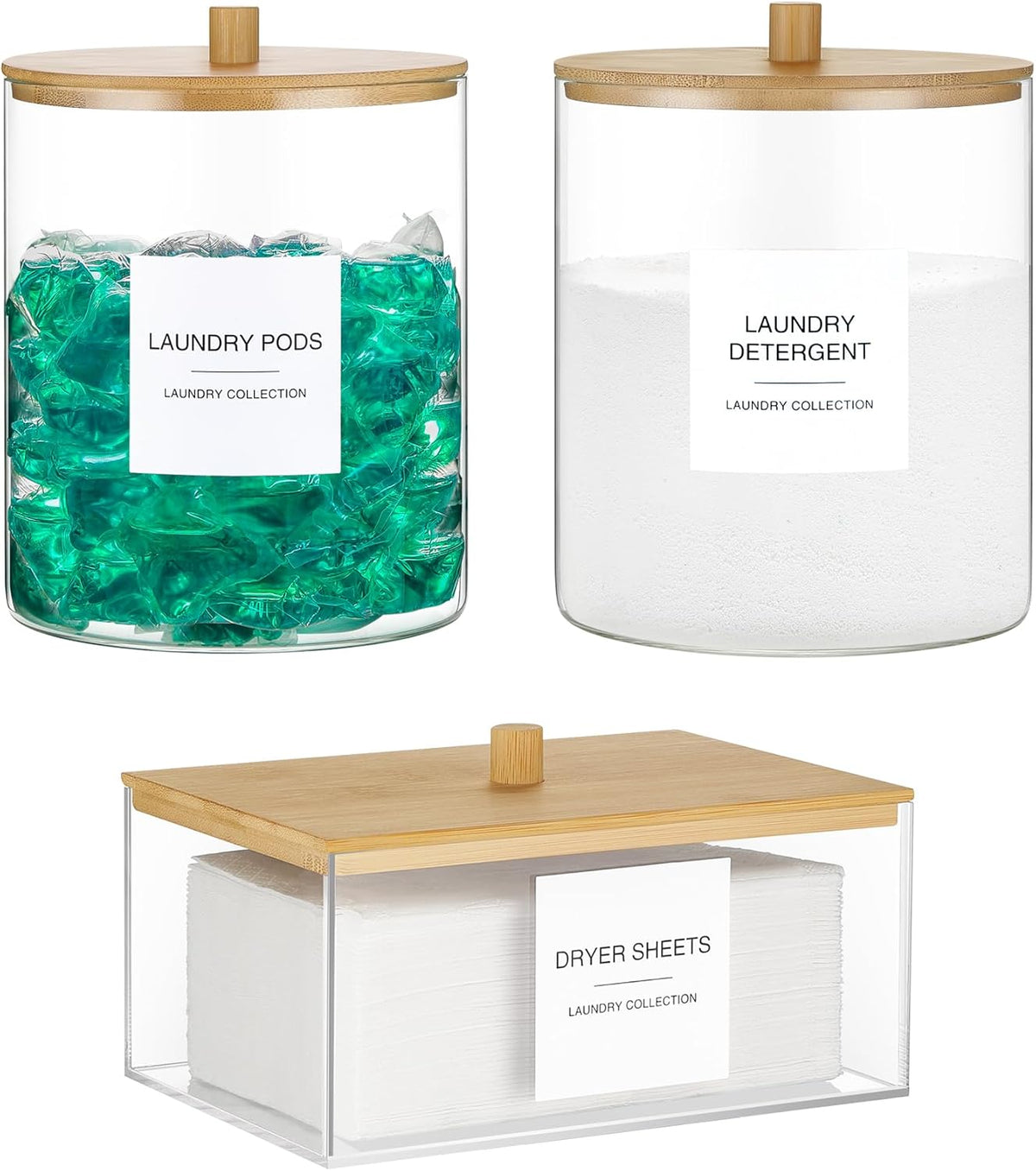 Glass Jars and Acrylic Dryer Sheet Holder, Laundry Pods Container with Bamboo Lid and 27 Labels, Powder Detergent Containers for Laundry Room Organization, Storage Jars Set (3 Pack, Black)