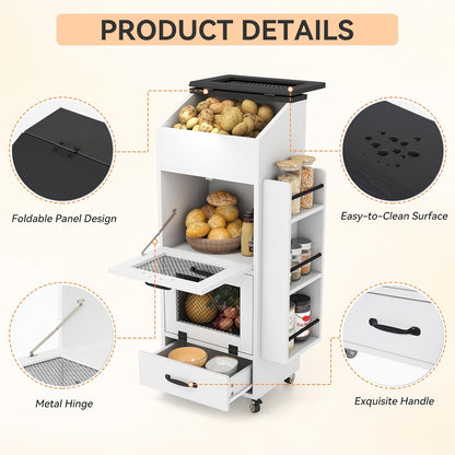 Verano Garden Potato and Onion Storage Bin on Wheels, Wood Bread Box with Lid & Mesh Doors, 4-Tier Rolling Fruit and Vegetable Storage Organizer w/Drawer & Side Rack for Kitchen (Rustic Brown, 16.0")