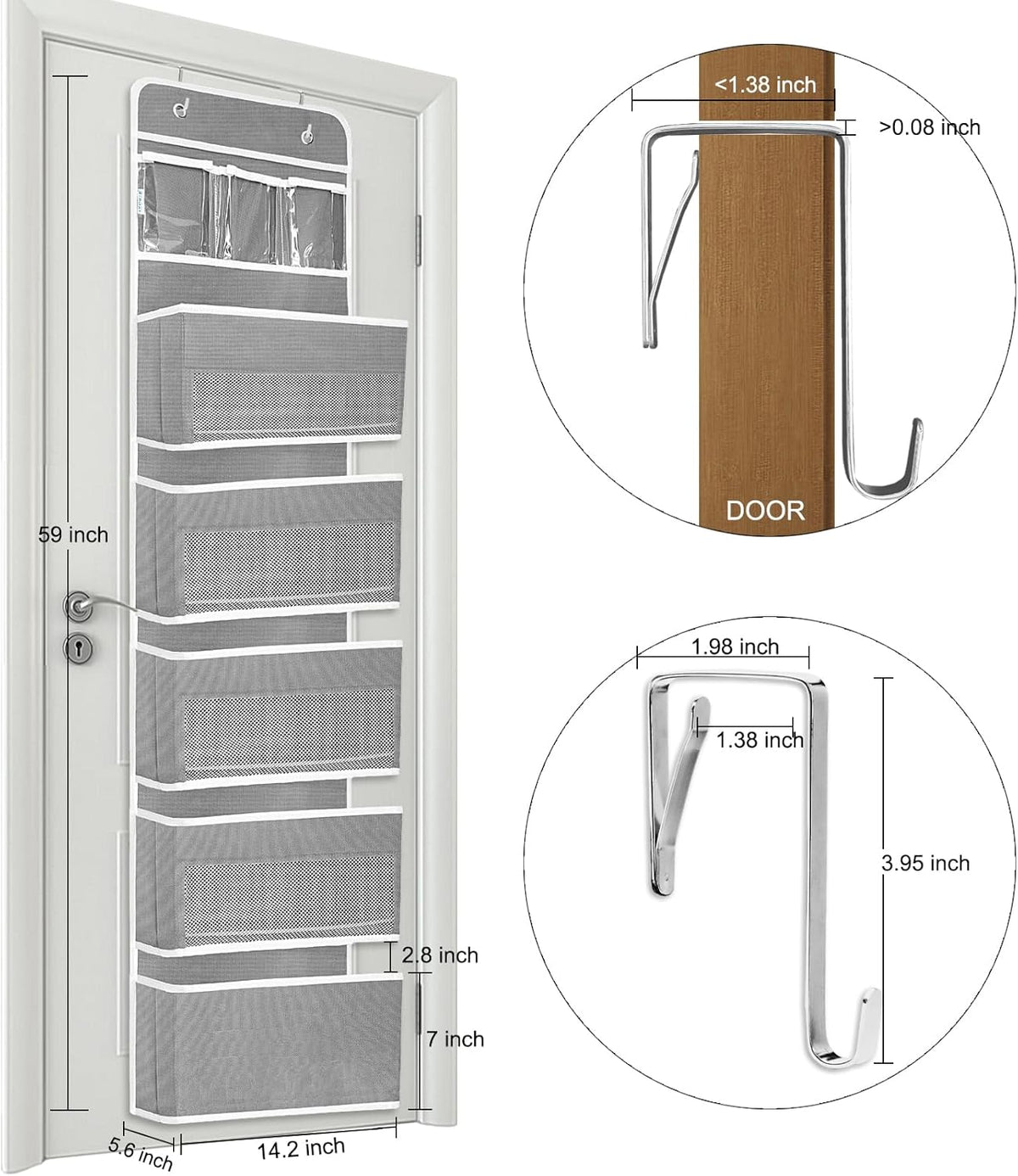 Over The Door Organizer with LifetimeWarranty, 4 Shelves & 4 Side Pockets, Large Storage Rack Holds 44lb, Heavy-Duty Reinforced Mesh Shelf for Bathroom, Closet, Toy Organization, Shoes, Towels, Grey