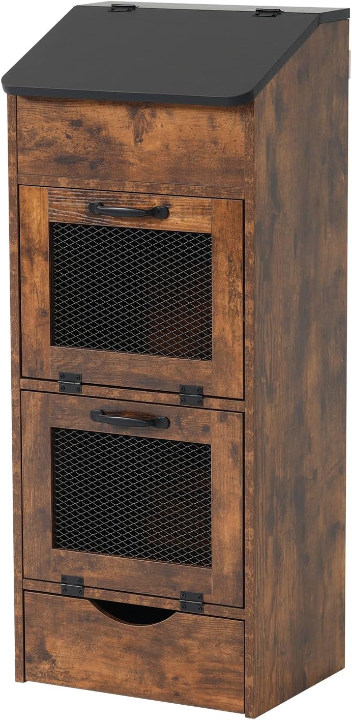 Verano Garden Potato Storage Bin, Wood Bread Box with Lid, Farmhouse Potato and Onion Storage Bin with Mesh Doors, Fruit and Vegetable Storage Rack with Removable Drawer (Rustic Brown, 16.0")