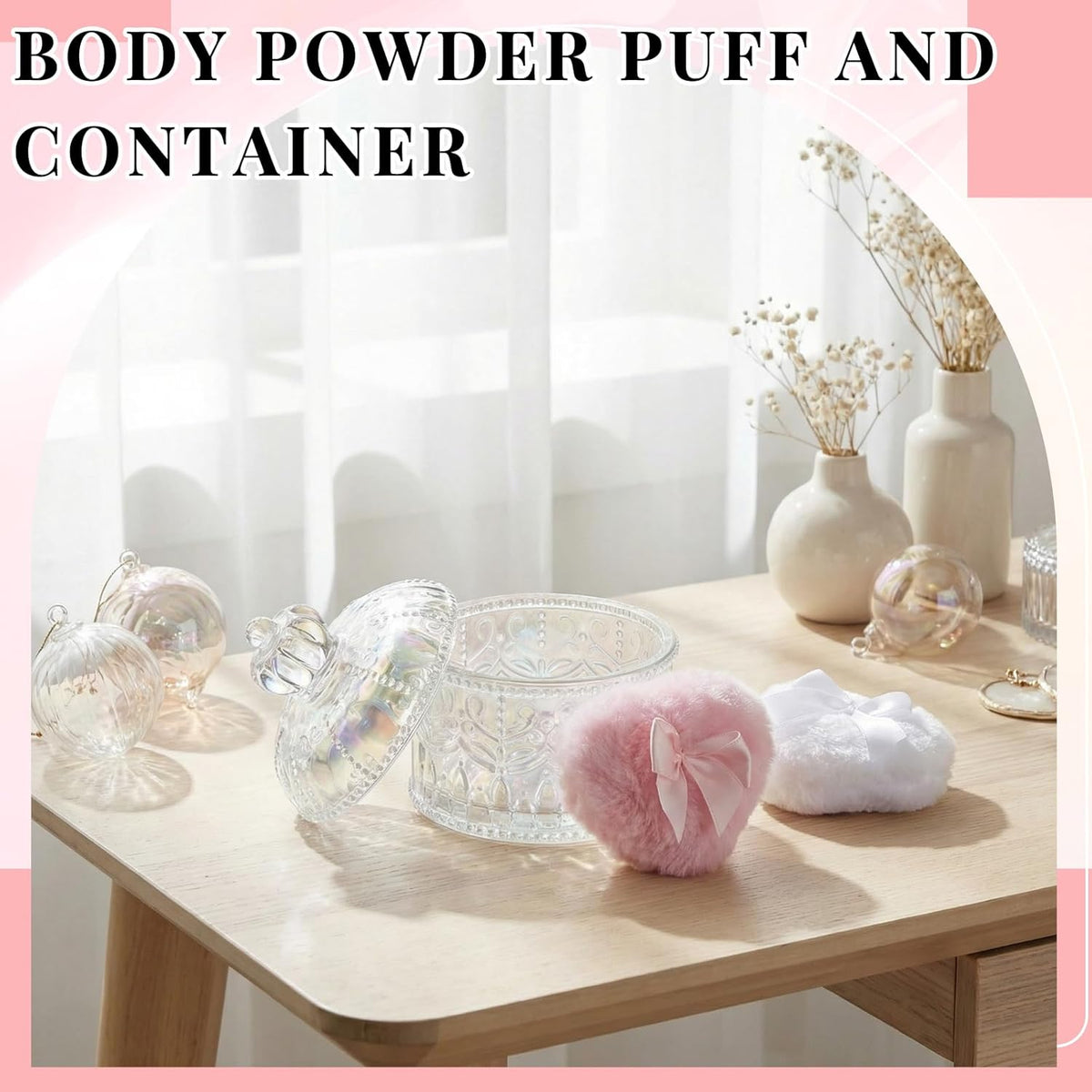 Tioncy 3 Pcs Large Body Powder Puff and Container Valentine's Day gift Powder Container with Puff Crystal Case Soft Washable Reusable Velour Face Body Glitter Wet Dry Makeup (Classic,Clear)