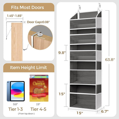 5 Tiers Over the Door Organizer with 10 Mesh Side Pockets, 44 lbs Weight Capacity Closet Hanging Storage Organizer with Large Clear Window Kids Toys, Shoes, Diapers, Beige