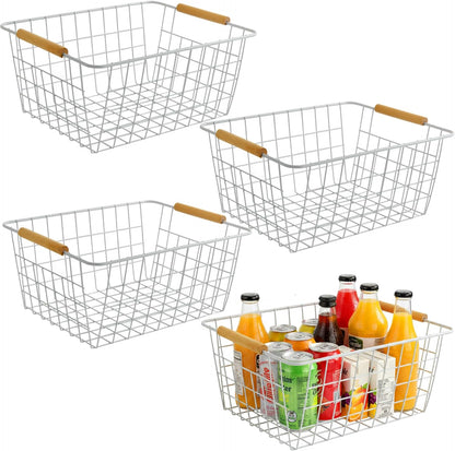 White Metal Wire Food Storage Basket with Wooden Handles for Organizing Snack Basket,Pantry Organizers and Storage for Kitchen Cabinets 4 Pack (Medium)