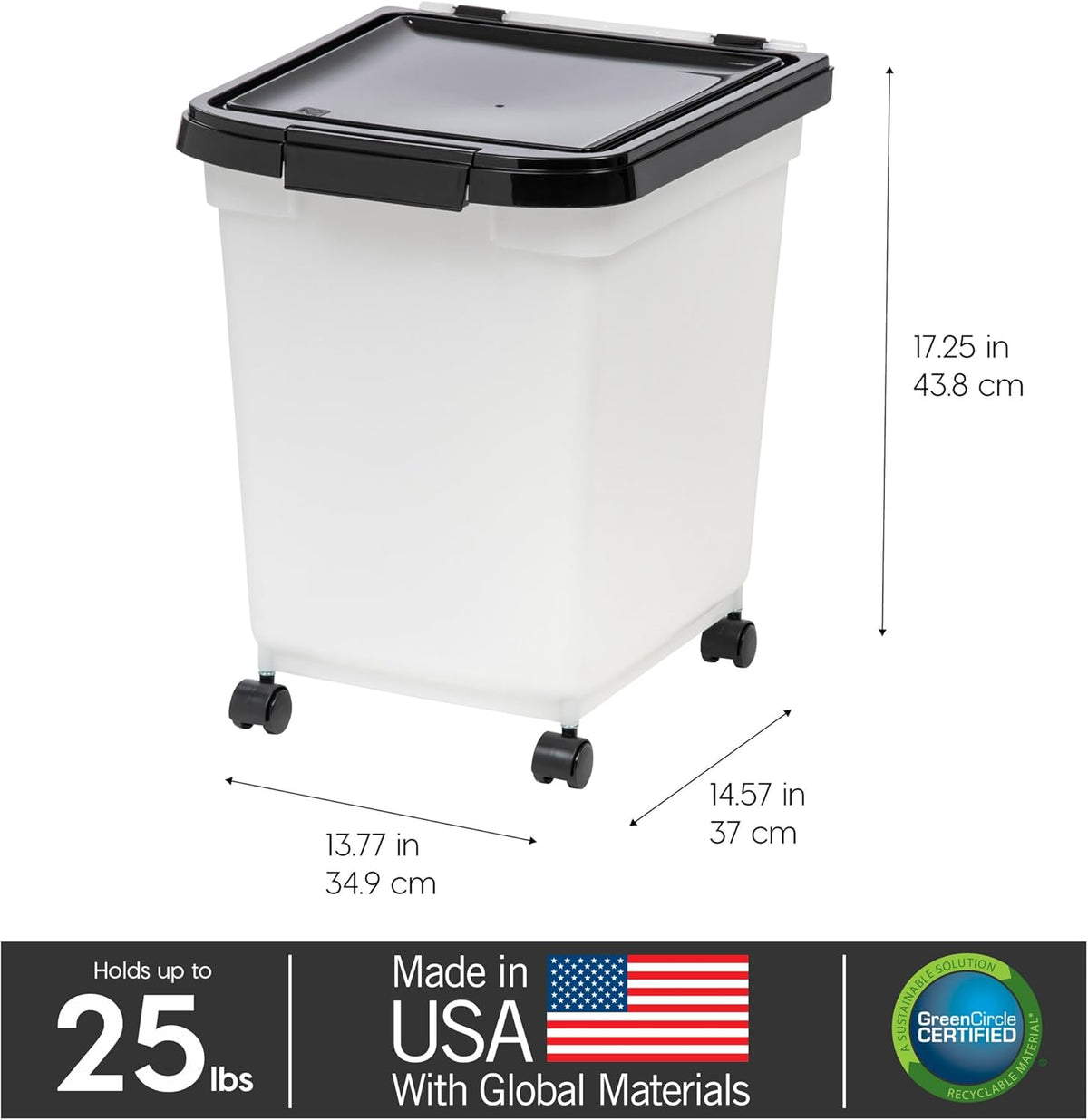 IRIS USA Airtight Dog Food Storage Container, WeatherPro, Up to 50 lbs, Removable Wheels, for Dog Cat Bird and Other Pet Food Storage Bin, Keep Fresh, Translucent Body, Made in USA, Clear/Gray