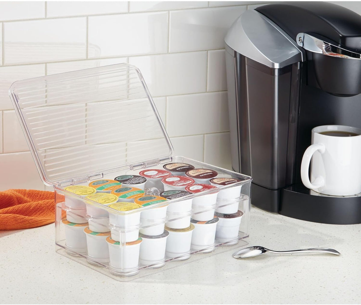 iDesign 2-Tier Coffee Pod Holder Lidded Bin, Plastic Pantry and Kitchen Storage, The Linus Collection – 7.25" x 10.75" x 4.25", Clear