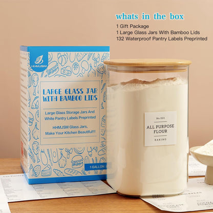HHMJSM Large Glass Storage Jars With Airtight Bamboo Lid - 100 Fl Oz Thicken Kitchen Glass Food Storage Canister With 42 Pantry Labels - Big Clear Flour And Sugar Containers Farmhouse