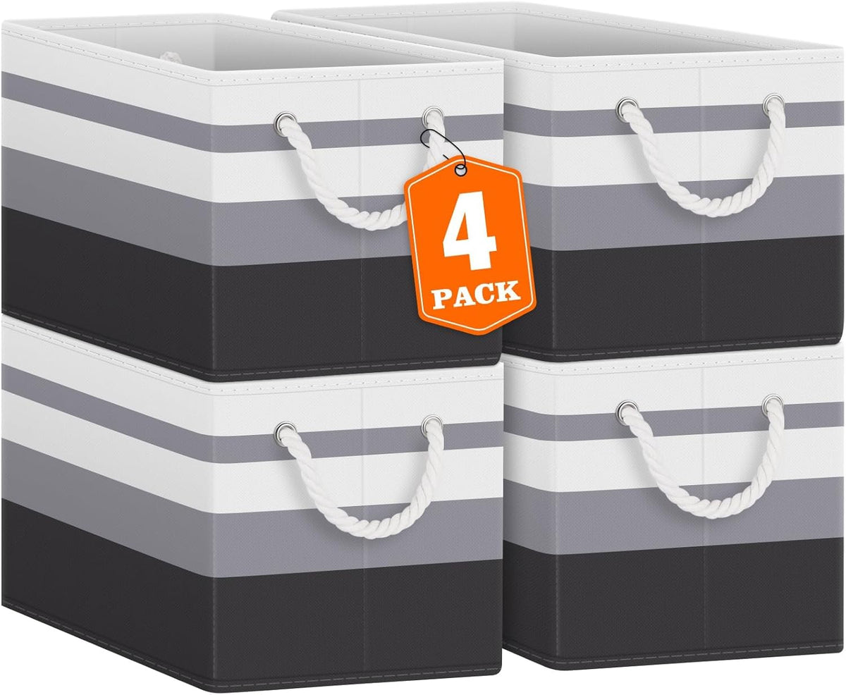 Fab totes Storage Bins, Foldable Storage Baskets for Organizing Toys, Books, Shelves, Closet, Large Storage Box with Rope Handles, Sturdy Organizer Bins, White & Grey