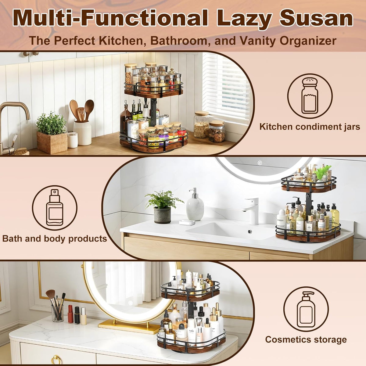 12" Large Lazy Susan Turntable Organizer Adjustable - Rotating Spice Rack for Table Top, 2 Tier Wood Spice Cabinet Organizer for Pantry Kitchen Countertop Coffee Bar Cupboard Bathroom Vanity Storage