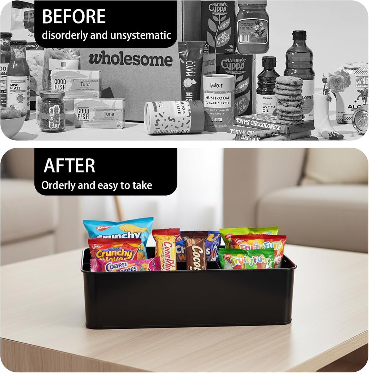 Snack Organizer for Countertop, Metal Snack Holder with Handles,4 Compartment Snack Storage Basket for Coffee Station Organizer,Kitchen Pantry Organizers and Storage(Black)