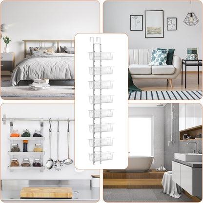 10 Tier Over the Door Pantry Organizer, Over the Door Spice Rack with Adjustable Baskets, Metal Hanging Door Pantry Organizers and Storage for Kitchen Bathroom Bedroom, White