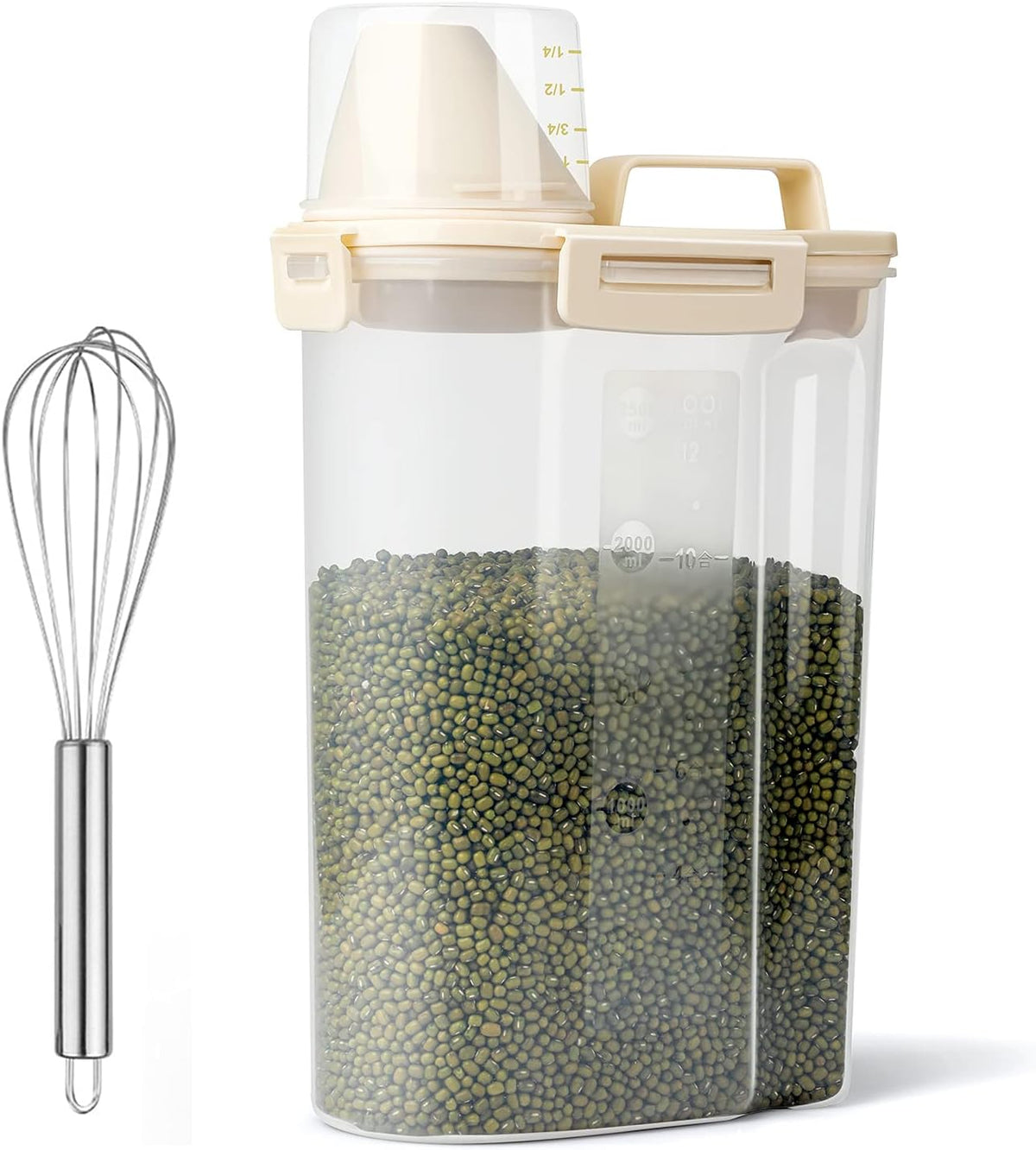 Uppetly Rice Airtight Dry Food Storage Containers, BPA Free Plastic Storage Bin Dispenser with Pourable Spout, Measuring cup for Cereal, Flour and Baking Supplies, Include a Stainless Steel Whisk
