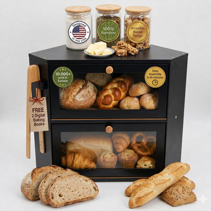 Corner Bread Box for Kitchen Countertop – Bamboo Bread Box with Airtight Design, Dual Divided Compartments, Magnetic Closures, Non-Slip Feet, Clear Windows, Tongs & 2 Free Baking Books -Black